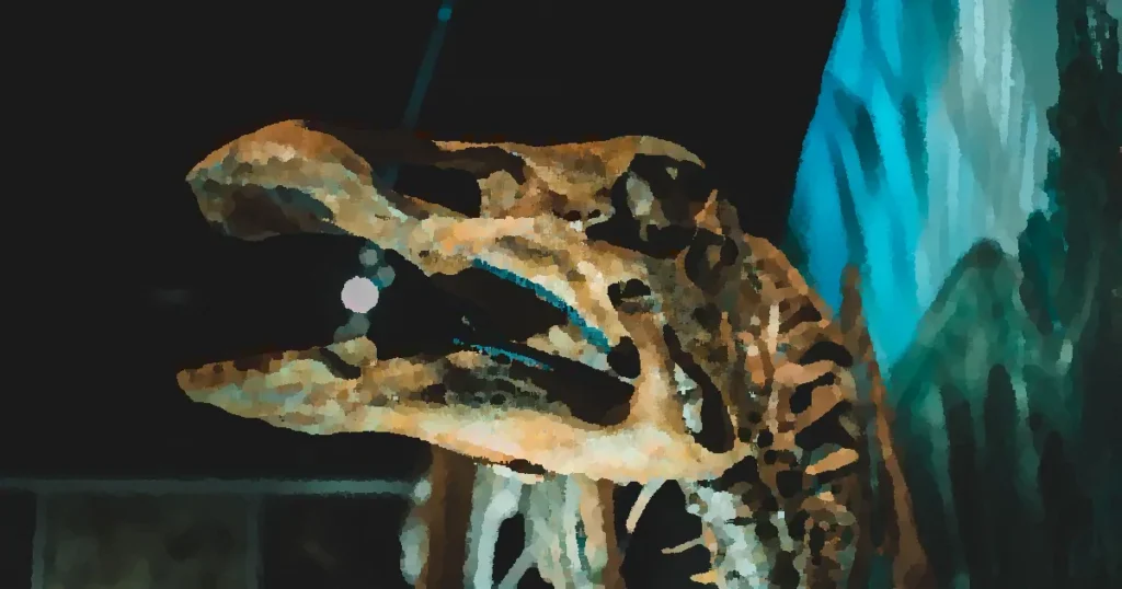 Close-up view of a dinosaur skeleton on display in a museum exhibition.