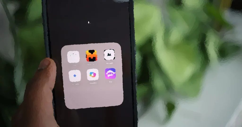 Close-up of a hand holding a smartphone with AI applications on screen.