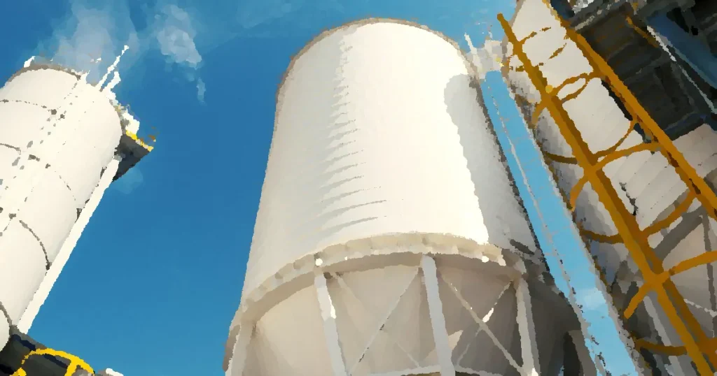 Wide-angle view of industrial silos with clear blue sky, captured during daytime, showcasing modern industry.