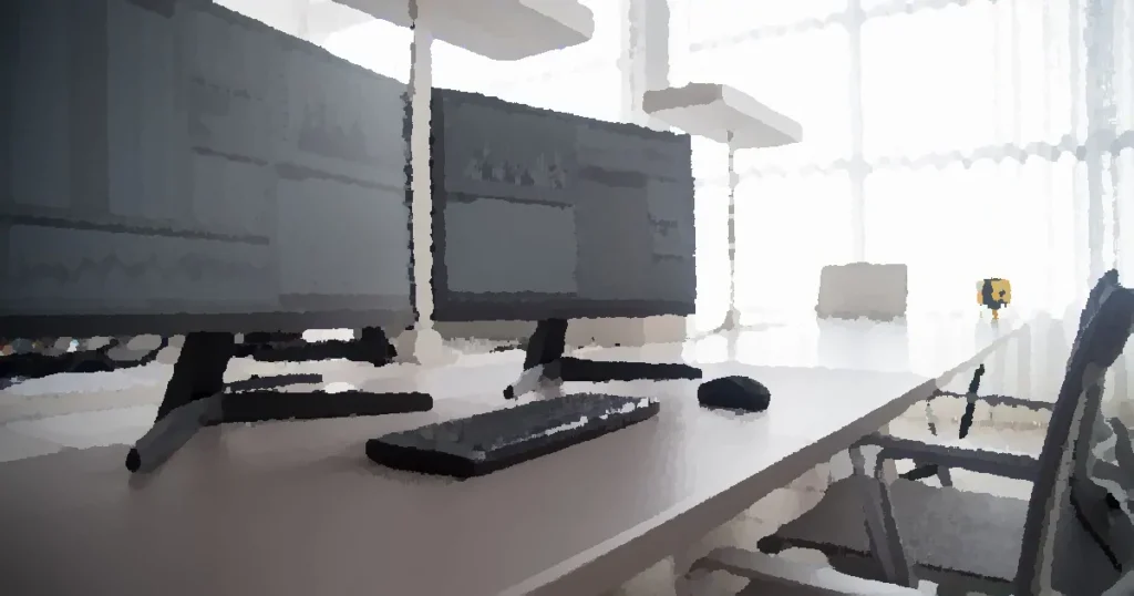 Stylish contemporary office featuring multiple computer monitors and ergonomic chairs.