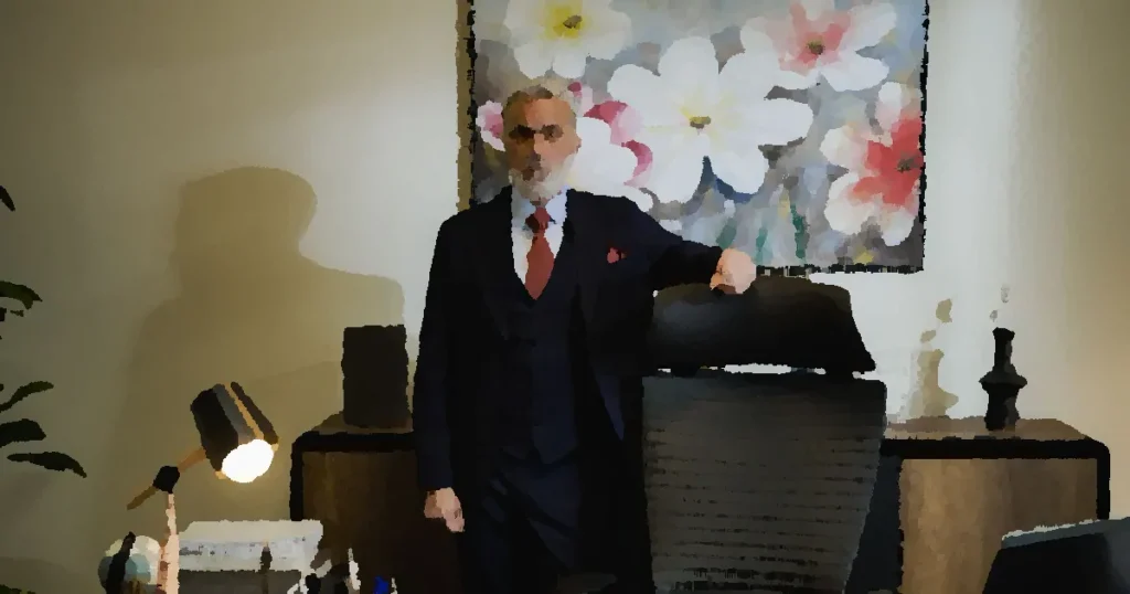 Distinguished mature businessman in a suit standing confidently in a modern office.