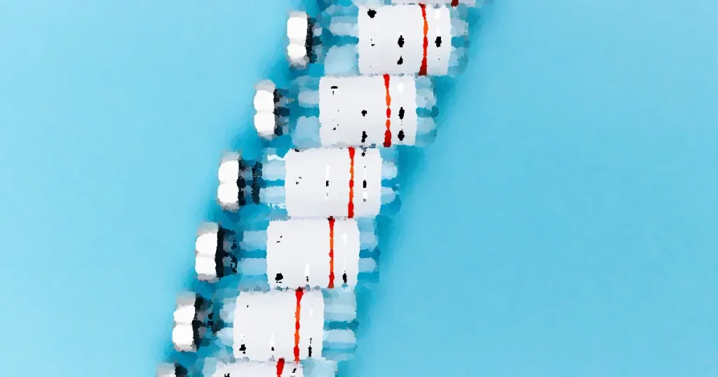 Close-up of COVID-19 vaccine vials arranged on a blue background.