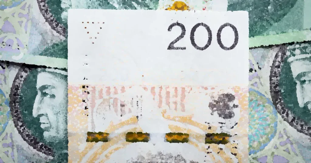Detailed view of Polish 200 Zloty banknotes for financial and economic subjects.