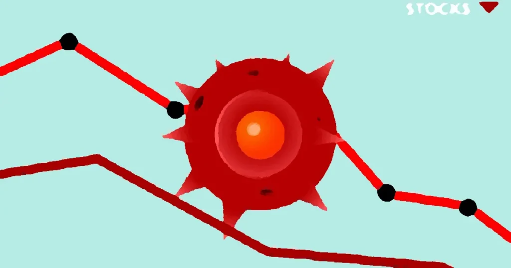 Vector image of red Covid virus against decreasing line graph on blue background