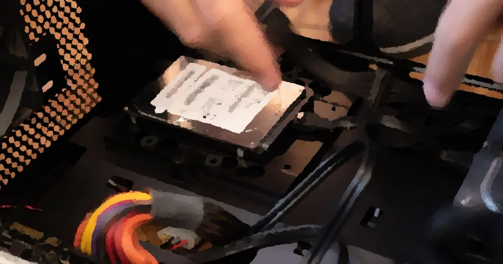 Hands installing a hard drive in a computer case, emphasizing technology and connectivity.