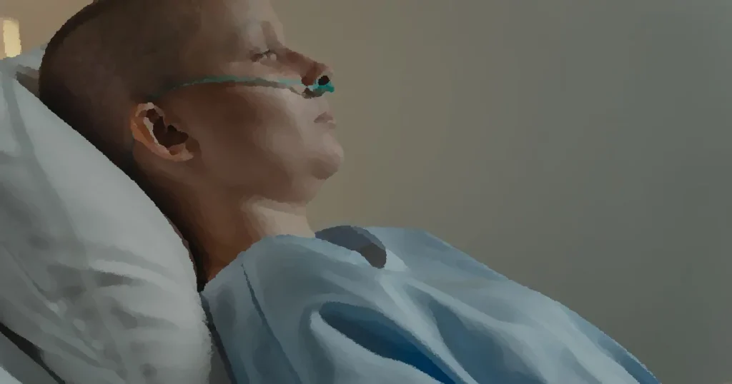 A woman in a hospital bed with a nasal cannula, reflecting health challenges.