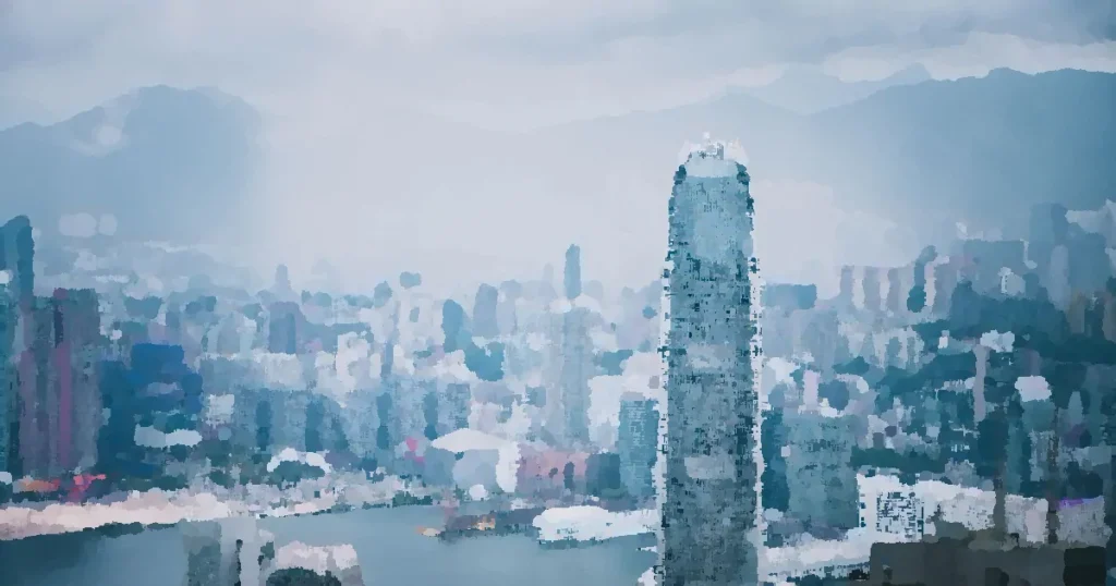 Panoramic view of Hong Kong's modern skyline featuring iconic skyscrapers and urban architecture.
