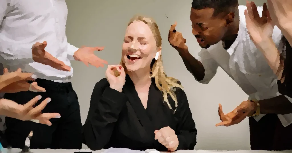 Conceptual image of office conflict with a woman facing workplace pressure surrounded by colleagues.