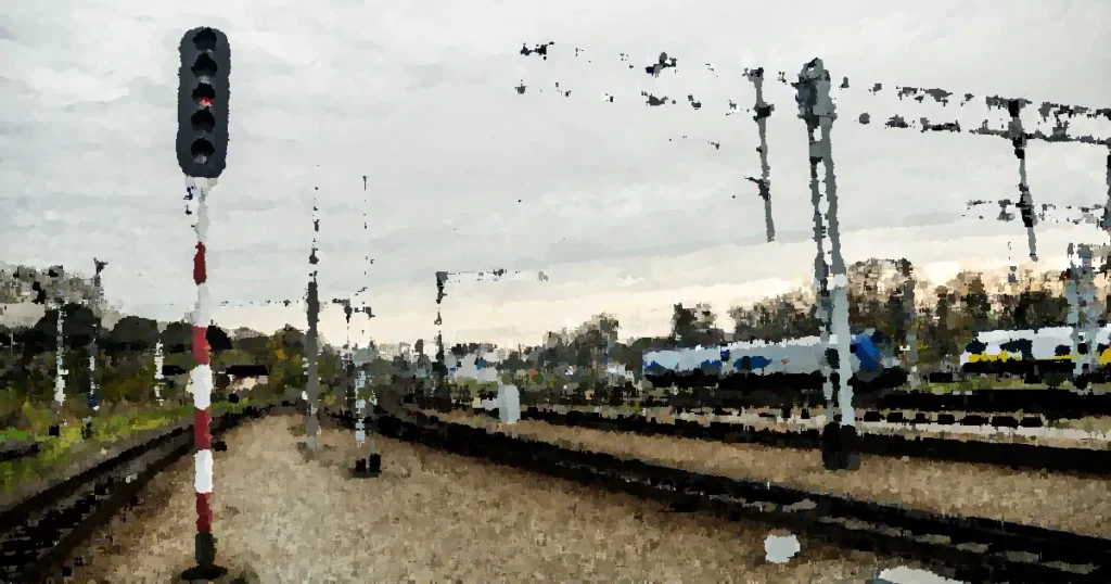 A modern train station with multiple tracks, trains, and a prominent signal under a cloudy sky.