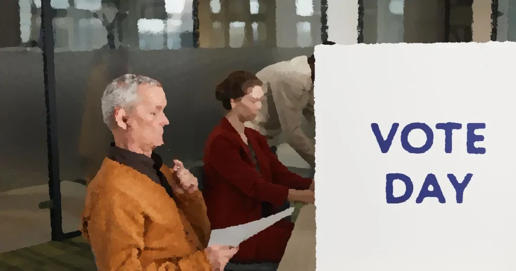 People voting indoors on election day, making decisions at a polling station.