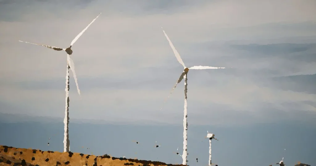 A large wind farm with turbines on a desert hill under a clear sky.