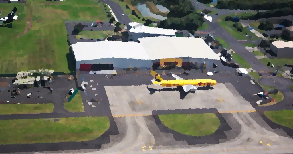Aerial photo showcasing DHL airplane and hangar facilities in a busy airport setting.