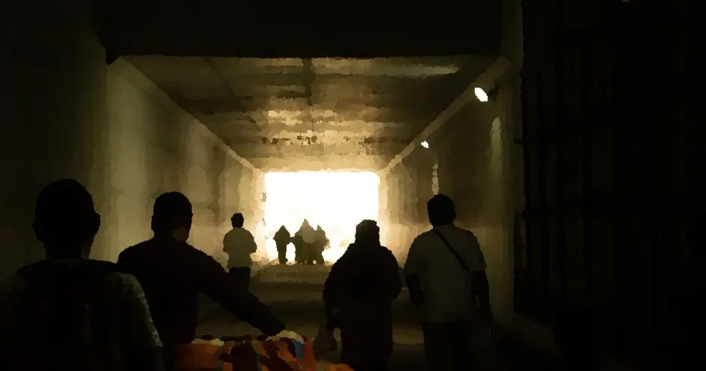 Silhouetted people walking through a tunnel leading to a bright exit in Tamil Nadu, India.