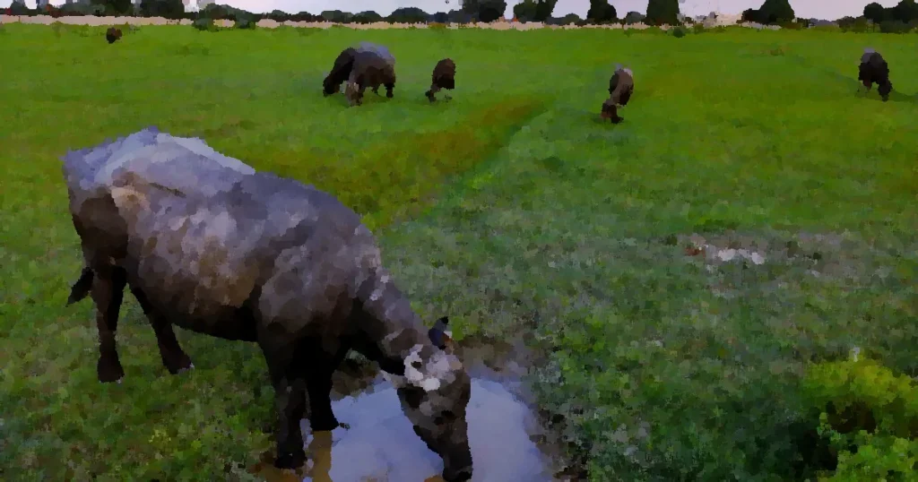 Herd of buffaloes grazing in a lush green field in Kanpur, India.