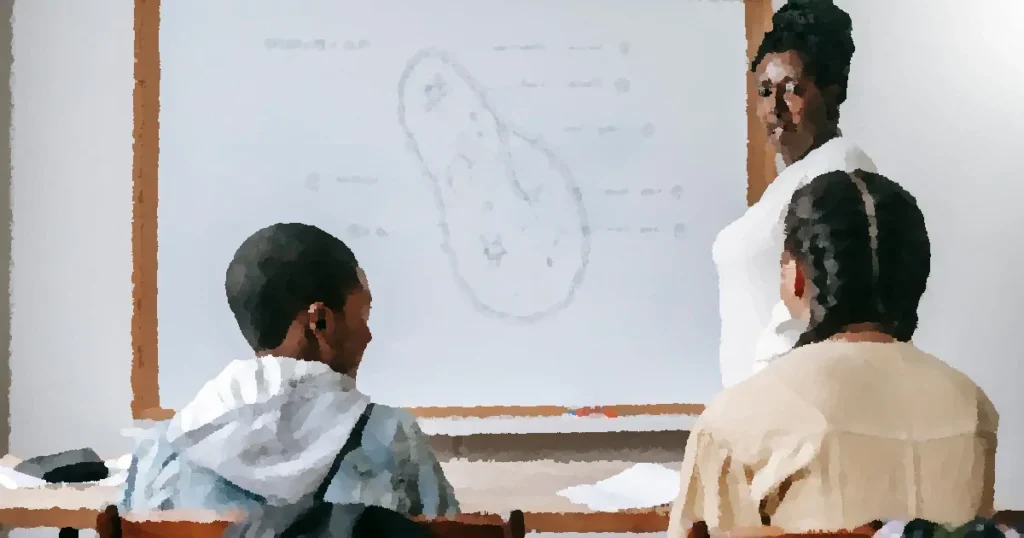 Back view of diverse children at desk listening to black female teacher at whiteboard during biology lesson