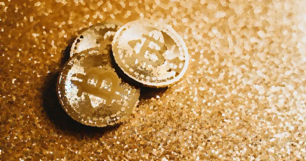 Closeup of three Bitcoin coins on a shimmering gold glitter background, symbolizing digital wealth.
