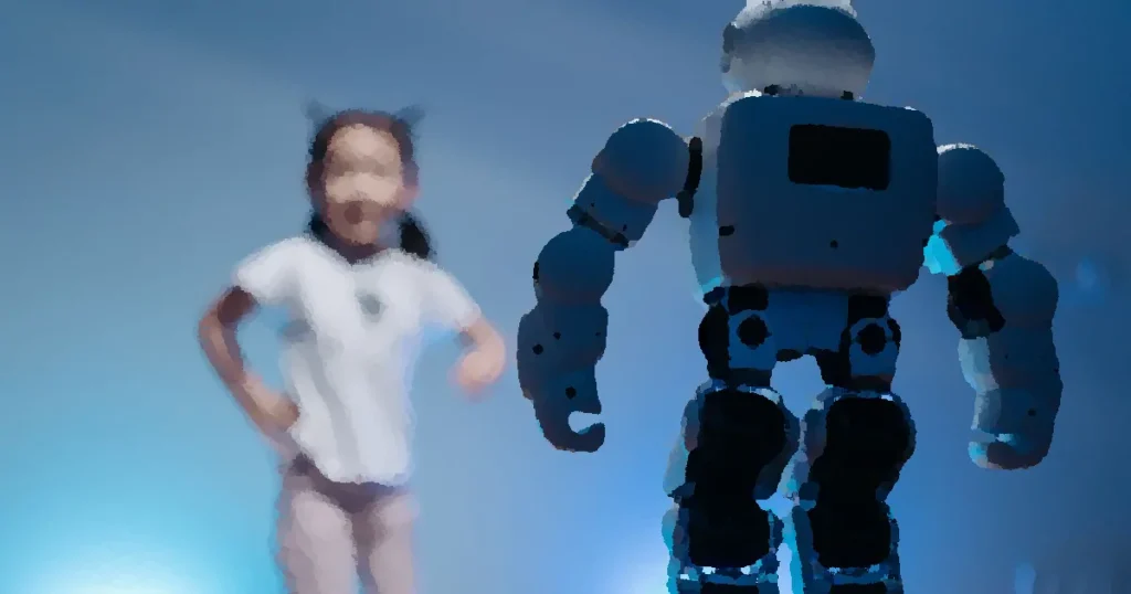 A young girl playfully interacts with a humanoid robot in a futuristic indoor environment featuring soft blue lighting.