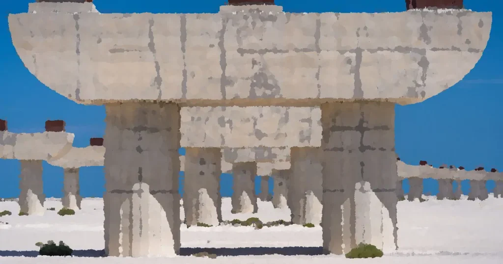 Abstract image of unfinished concrete structures in Dubai desert setting.