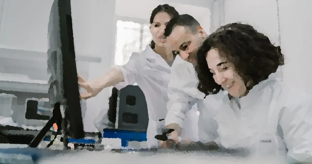 Group of diverse scientists working together on a computer in a bright, modern laboratory.