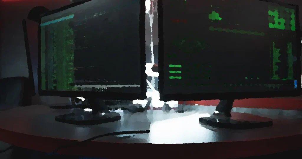 Close-up of dual computer monitors with green coding interfaces in a dark room, highlighting cyber security themes.
