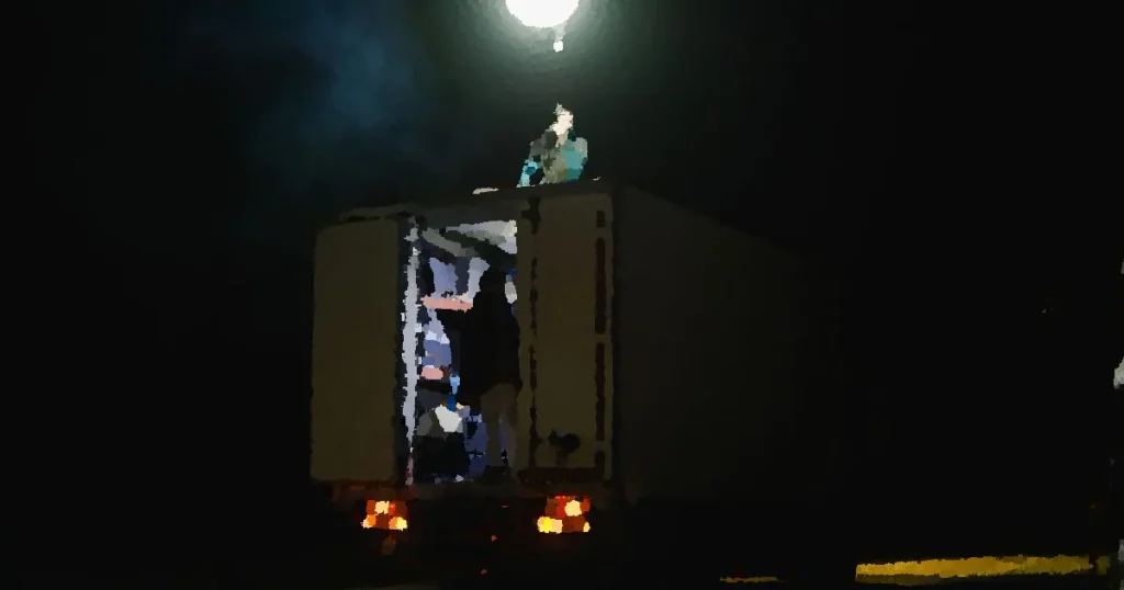 A film crew at night using a truck equipped with powerful lighting for shooting.
