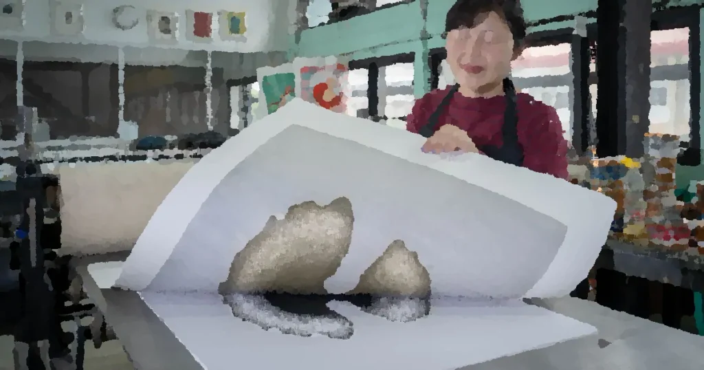 Asian woman artist working in a printmaking studio with a printing press. Creativity in action.