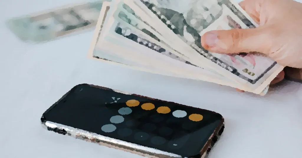 Calculator application on mobile phone screen on white surface near crop anonymous person holding pile of dollars