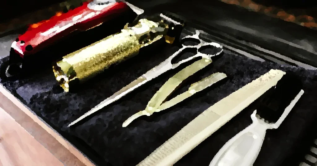 A collection of essential barbershop tools including trimmers, scissors, and razors neatly arranged.