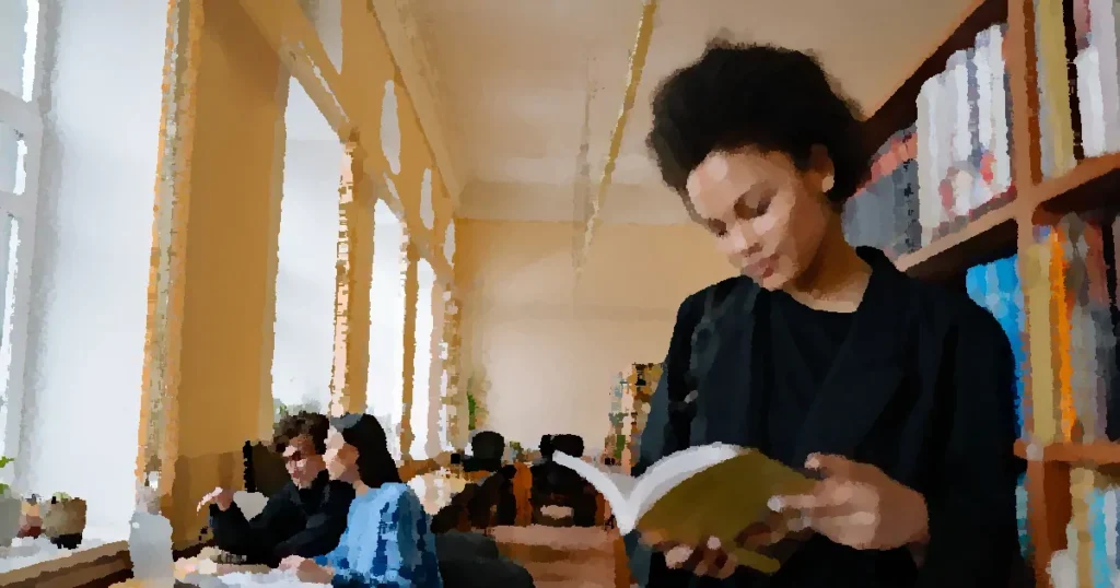 Students engaged in study sessions inside a university library, focusing on books and laptops.