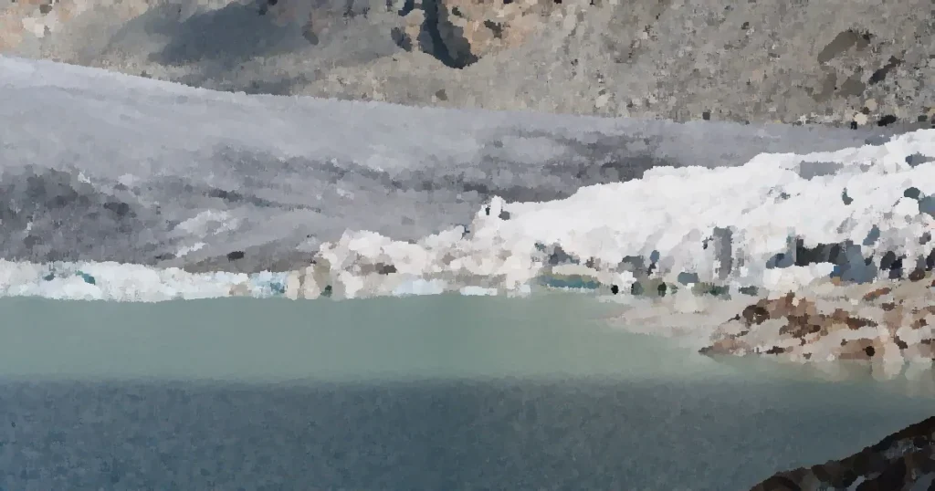 Breathtaking view of a Swiss glacier surrounded by mountains and a serene blue lake, capturing nature's raw beauty.