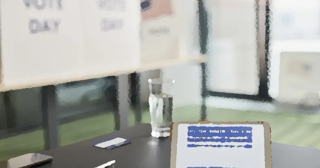 Tablet displaying digital voter registration at indoor voting station with vote day signs.