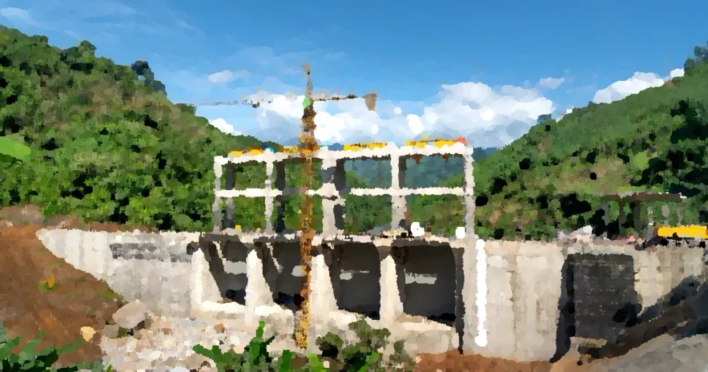 Crane operating at a construction site in a lush, mountainous area under bright blue skies.