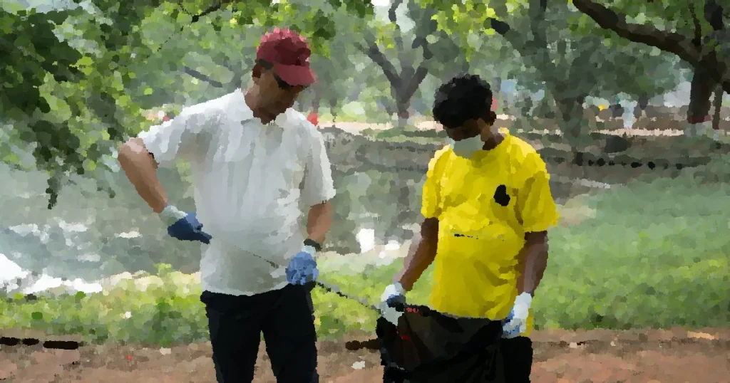 Two volunteers clean a park using garbage pickers and a trash bag.