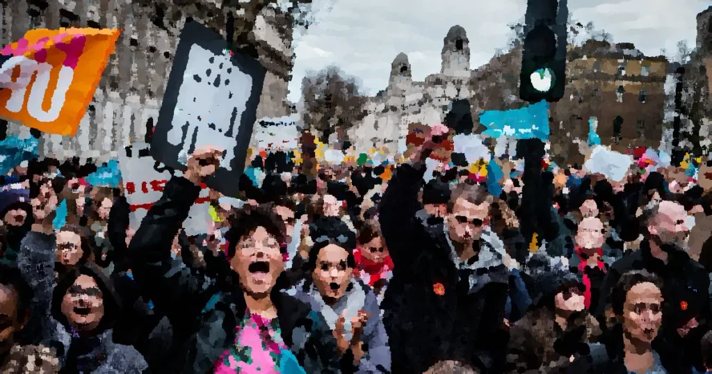 A diverse crowd protesting in city streets with bold signs and lively expressions against a classic urban backdrop.