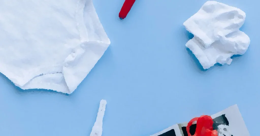 Flat lay of baby essentials and a pregnancy test on a blue background.