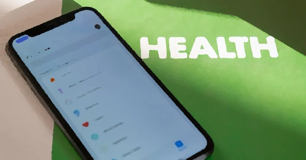 Close-up of a smartphone displaying a health app on a green surface with 'HEALTH' text.