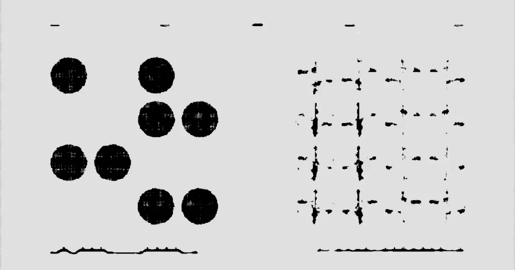 Visual representation of geometric calculations comparing bits and qubits in black and white.