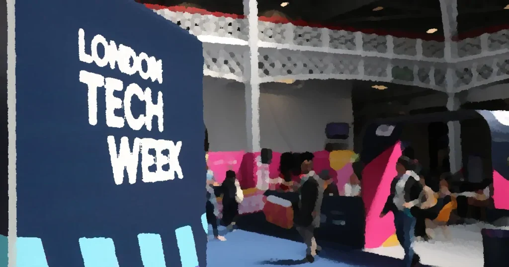 Vibrant indoor scene at London Tech Week with attendees and colorful displays.