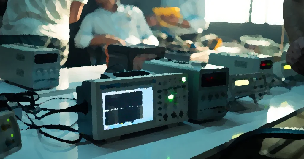 Engineers working in an electronics lab with oscilloscopes and other equipment on a bright day.