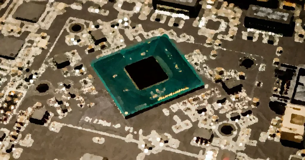 Detailed view of a microchip on a printed circuit board, showcasing electronic components.