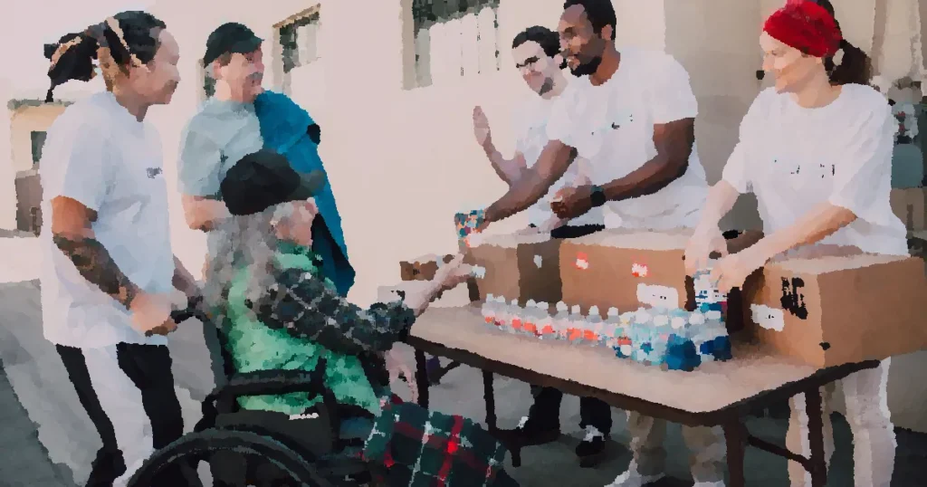 Volunteers distribute bottled water and supplies to diverse individuals in an outdoor setting, showcasing community support.
