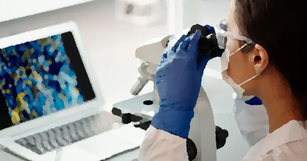 Scientist in lab coat examines samples using a microscope beside laptop, highlighting modern research techniques.