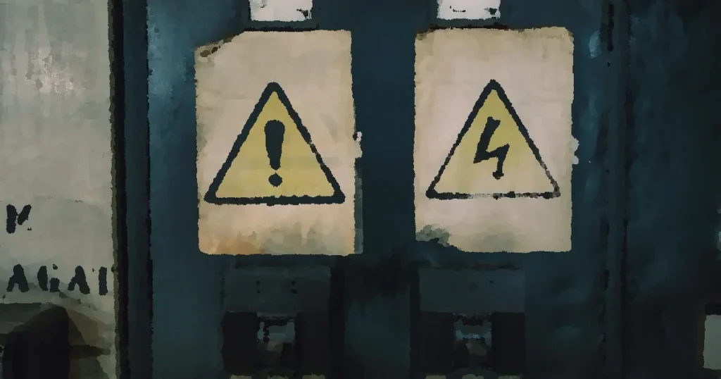 Close-up of industrial warning signs on an aged electrical panel.