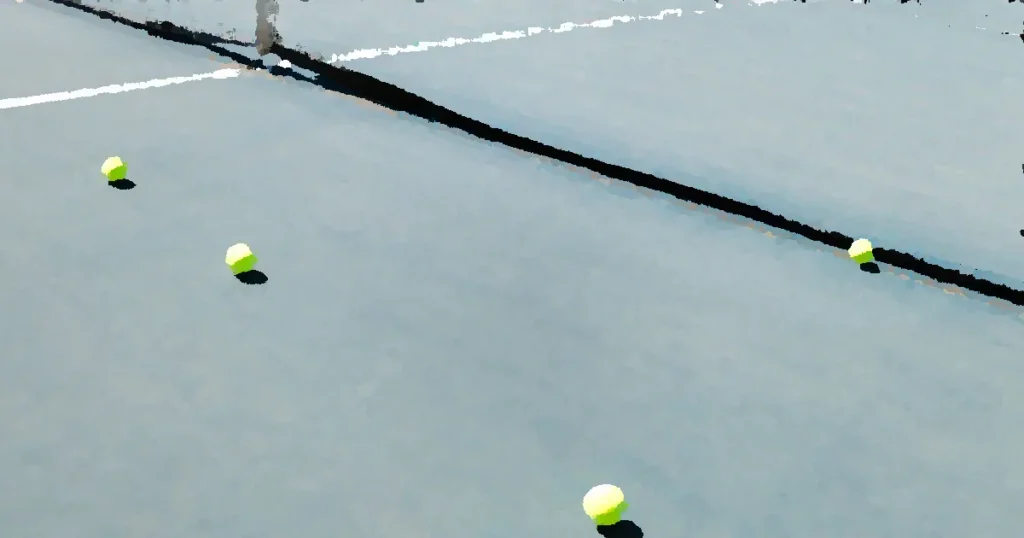 A tennis court featuring a net and several tennis balls lying on the ground, well-lit by sunlight.