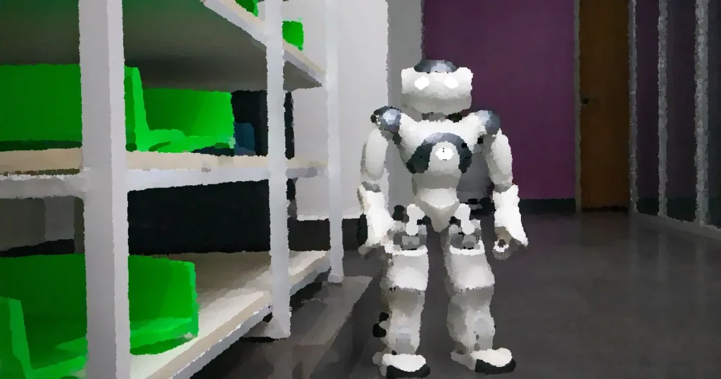 A humanoid robot standing in a modern corridor with shelves, representing futuristic technology.