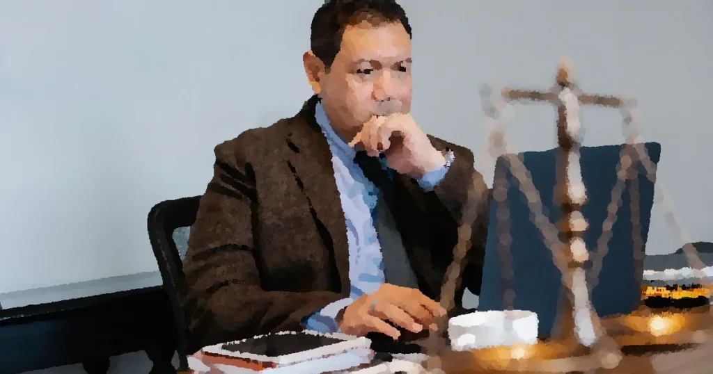 Serious adult Asian male judge in formal clothes browsing netbook and touching chin in thoughts while working in modern law office