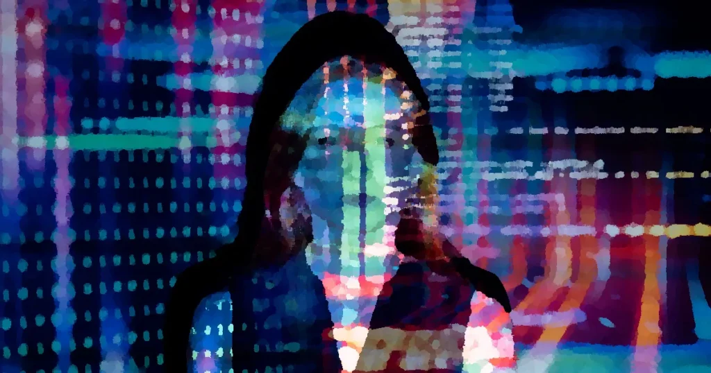 A woman with digital code projections on her face, representing technology and future concepts.
