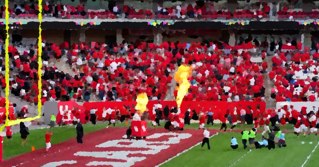 Houston college football match with vibrant crowd and fire effects. Captures the sports spirit.