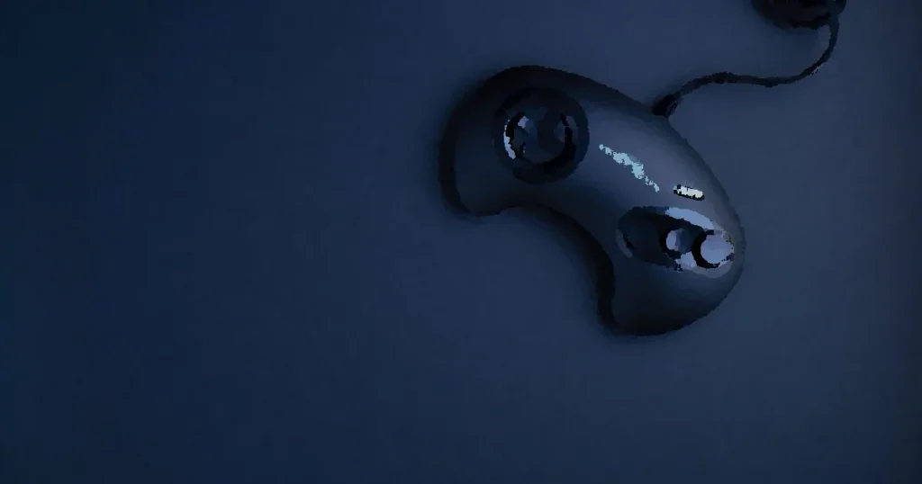 Navy blue vintage game console controller photographed from above on a dark background.