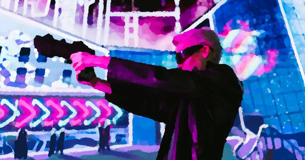 Person in cyberpunk attire aims futuristic gun in neon-lit scene